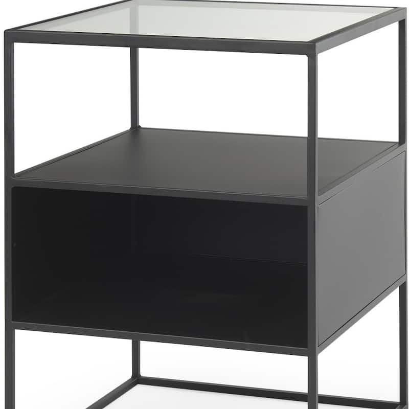 HomeRoots 21" Clear and Black Glass and Metal Square Frame End Table With Two Shelves - 15.75 in. x 21.26 in. x 15.75 in.