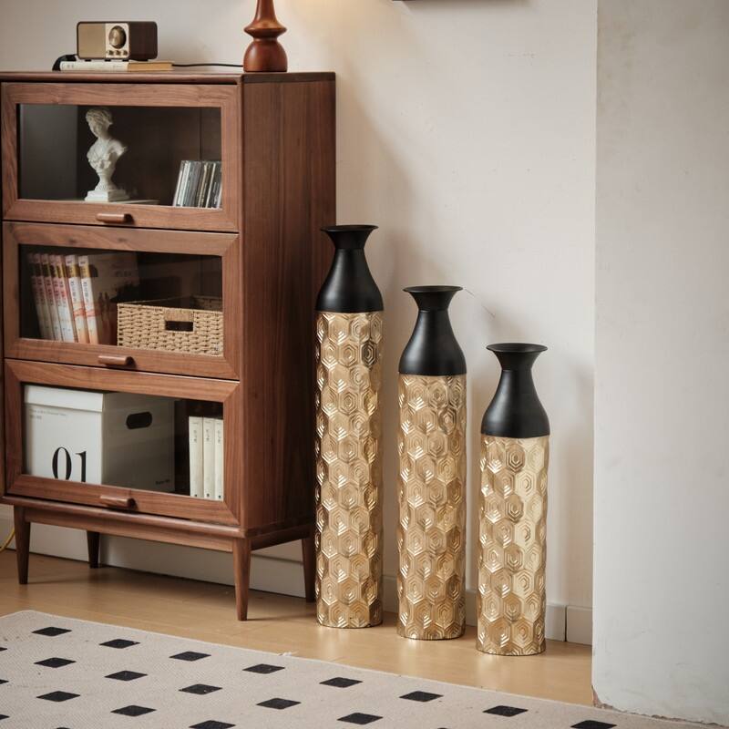 Set of 3 Glamorous Floor Vases, Gold & Black Textured Metal Cylinder Vases for Modern Home Decor (24.8", 29", 33.8" Heights)