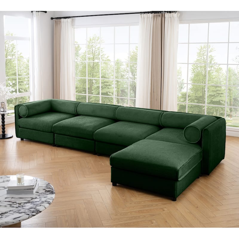 142.5" Chenille L-Shaped Sectional Sofa with Storage & Round Back