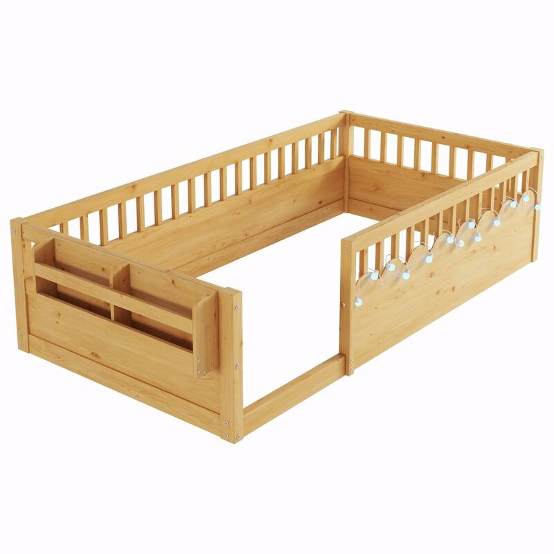 Floor Bed Frame with High Rails, Wooden Kids Floor Bed with Light and Storage Shelf