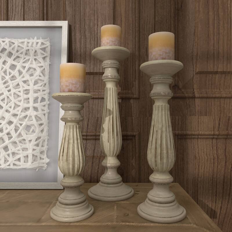 Traditional Mango Distressed Turned Pillar Wood Candle Holder (Set of 3) - Dark Brown, Beige, White