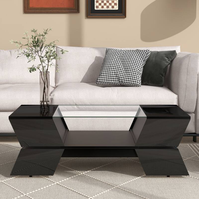 6mm Glass-Top Coffee Table with Open Shelves and Cabinets,Geometric Style Table with Great Storage Capacity2-Tier Center Table