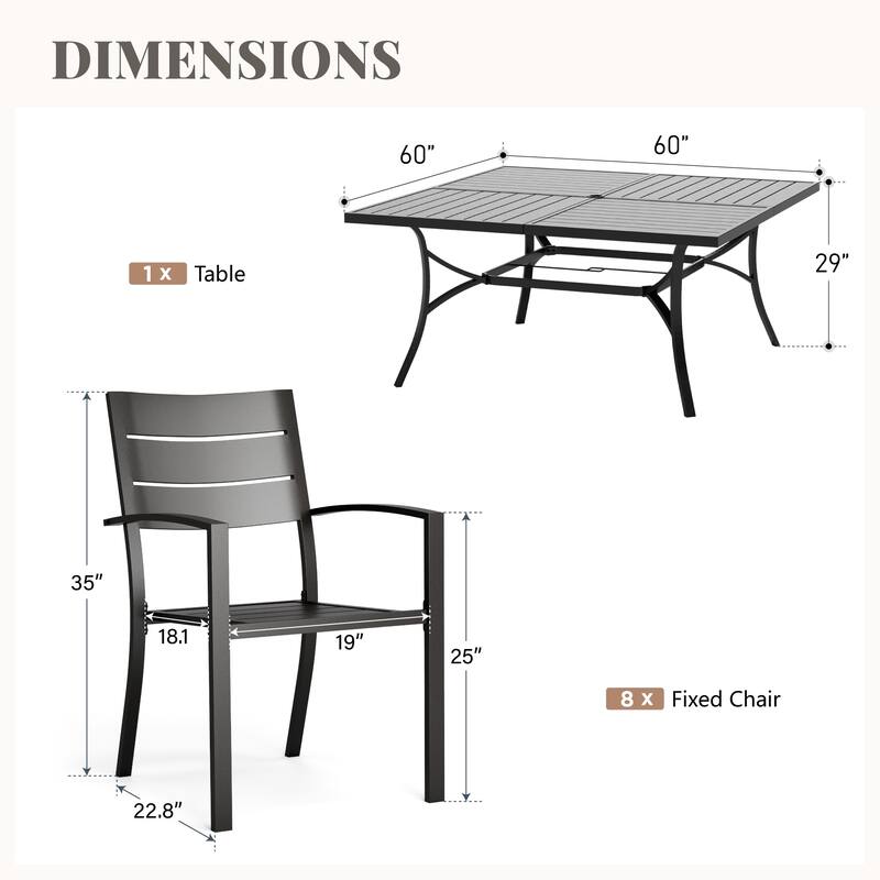 MAISON ARTS 9 Pieces Outdoor Patio Dining Set for 8, Metal Steel Table with Umbrella Hole & Stackable Chairs