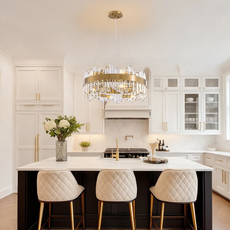 24 in. 2-Tier Modern Crystal Chandelier Brass Gold Round Crystal Raindrop Chandelier Contemporary Pendant Light for Dining Room