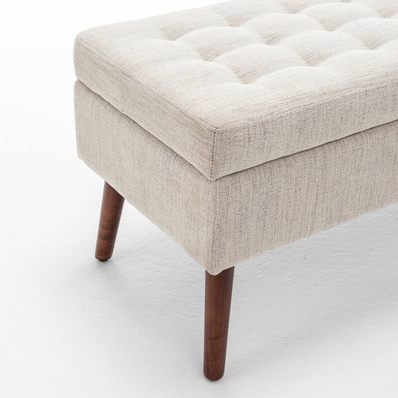 Practical Off White Storage Bench with Safety Hinged Flap, Interior Stool Entryway Footrest Seat End of Bed Bench for Mudroom