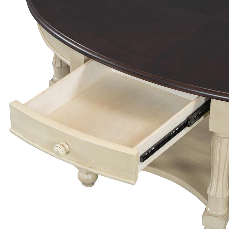 French Country Style Coffee Table Vintage Oval Coffee Table with Drawers and Storage Shelves, for Living Room