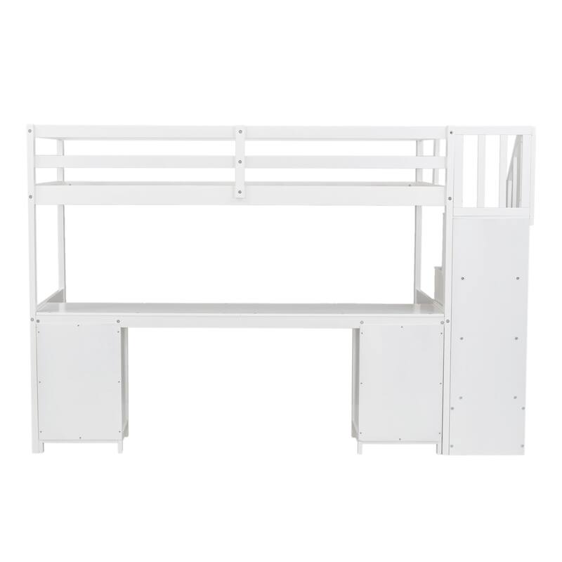 Twin Loft Bed with Built-in Desk and Double Drawers, White