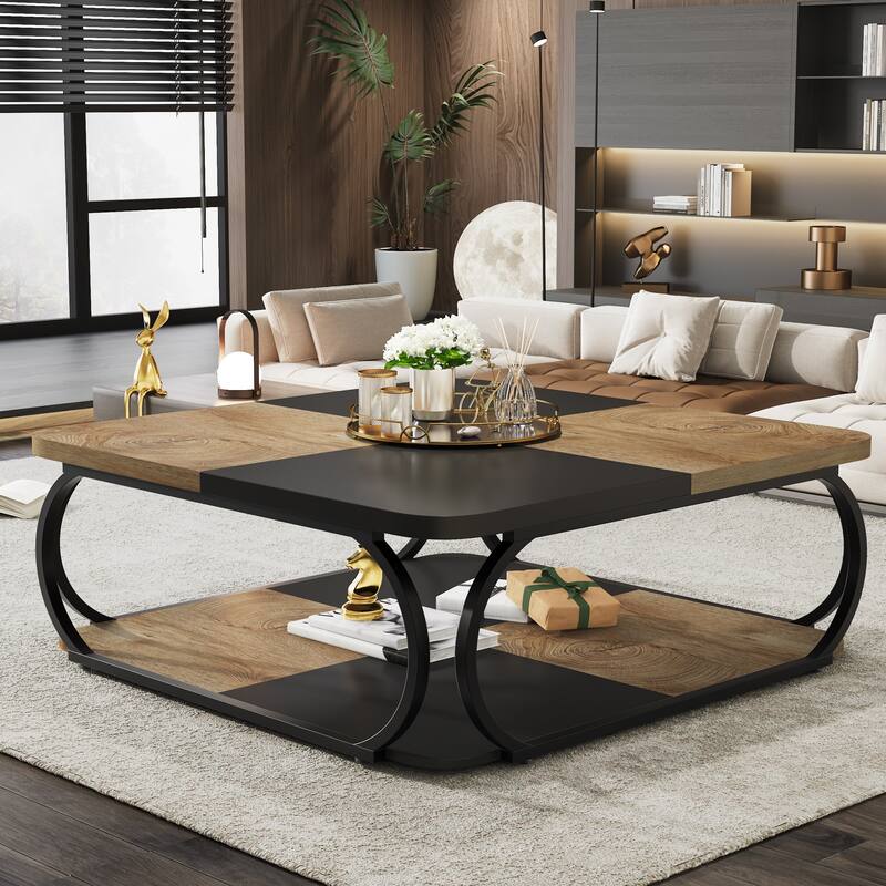 39'' 2-Tier Square Coffee Table with Metal Frame for Living Room - Oak+Black