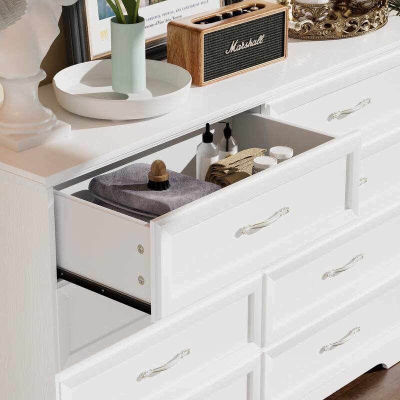 Modern Drawer Dresser Clothes Organizer with 8 Drawers Metal Handles Anti-tipping Device, for Living Room Bedroom Hallway, White