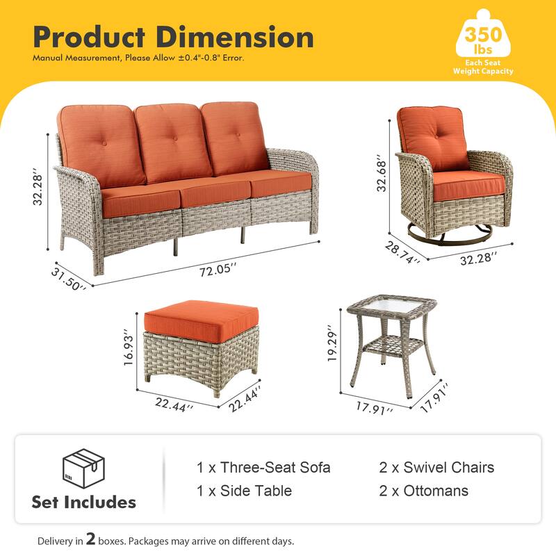 HOOOWOOO 6-piece Outdoor Furniture Wicker Rattan Swivel Chair Set with Ottoman