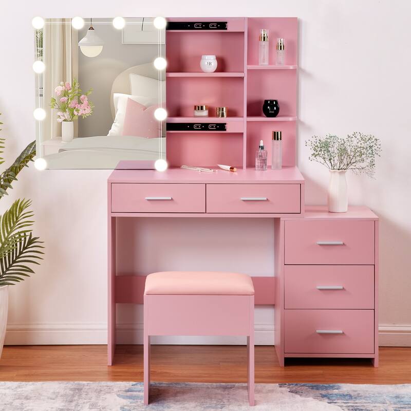 Pink Dressing Table Set with Sliding Mirror Cabinet 5 Drawers and Shelves Lighted Mirror
