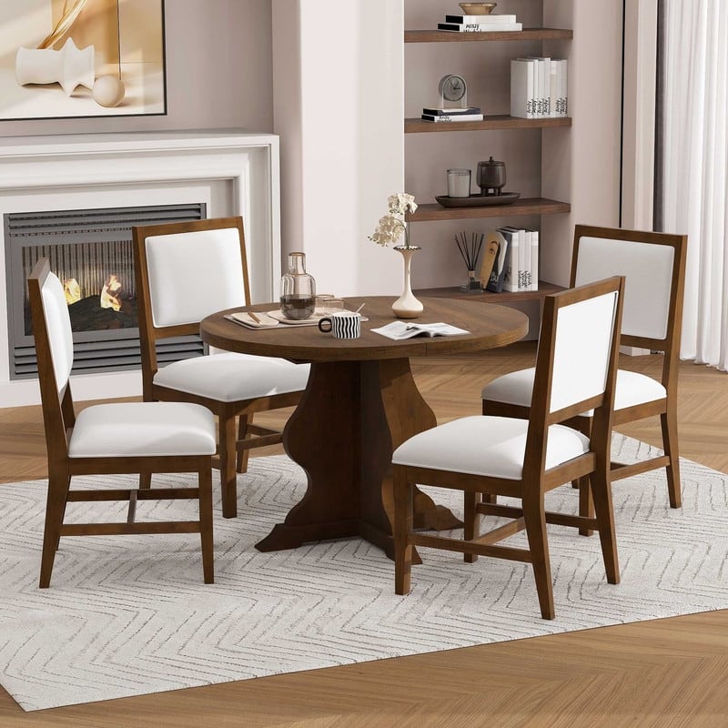 Farmhouse 5-Piece Dining Table Set with Upholstered Chairs and Extendable Dining Table for Dining Room, Kitchen and Living Room - Brown
