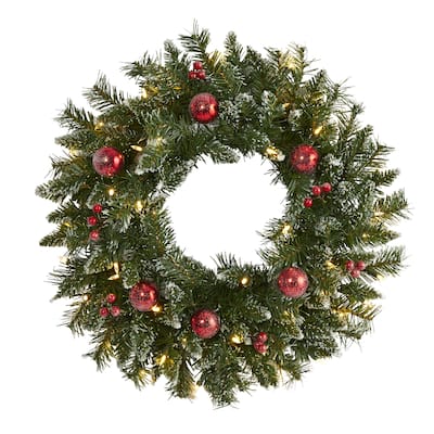 24" Frosted Christmas Wreath with 50 Warm White LED Lights