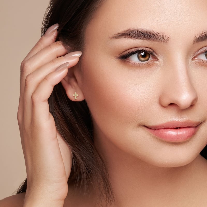 Soleil 14K Gold Diamond Dainty Beaded Cross Studs - Yellow