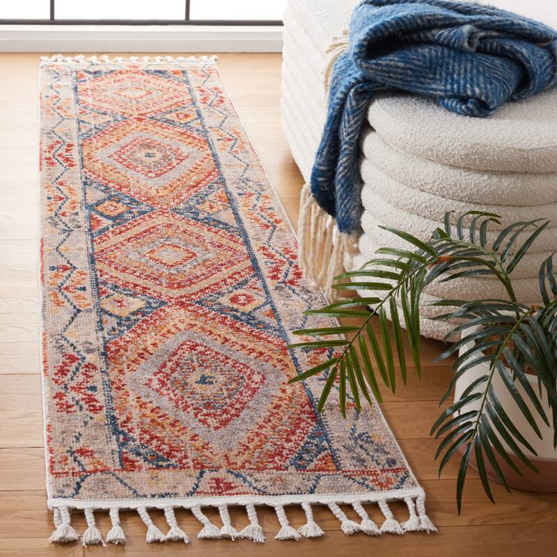 SAFAVIEH Farmhouse Ladeana Boho Tribal Polyester Rug - 2'1" x 12' Runner - Ivory/Navy