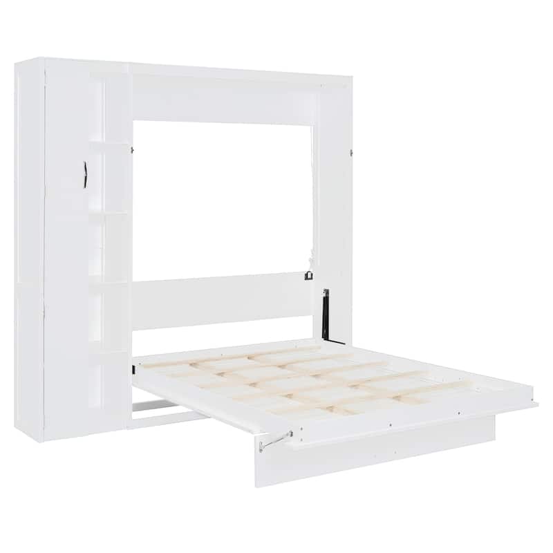 Multifunctional Foldable Murphy Bed Queen Wall Cabinet Bed with Open Storage Shelves, LED Light and Small Closet for Guest Room
