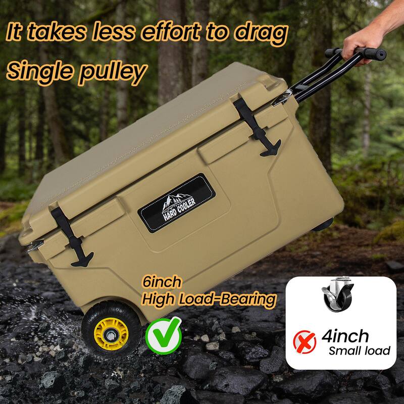 65 Quart Khaki Cooler, Ultra-Tough Hard Shell Ice Chest, Heavy-Duty Insulated Portable Cooler with 6-Day Ice Retention
