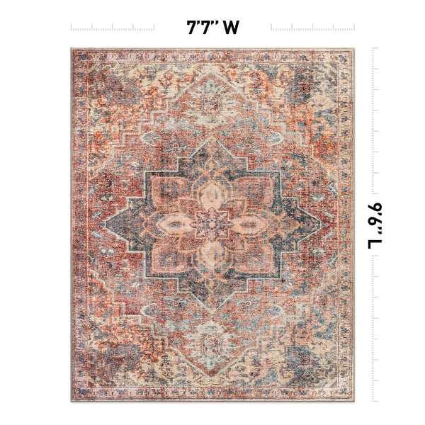 dimension image slide 5 of 17, Floral Medallion Washable Rug – Low Pile, Non-Slip, Ideal for Entryway, Living Room, and Bedroom