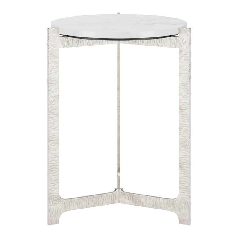 25-Inch White Marble and Silver Round End Table with Cross Legs Design - 20" x 20" x 24.80"