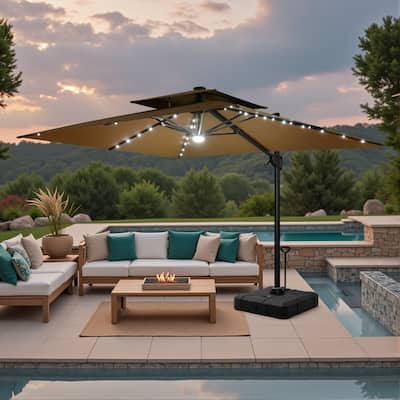 9 FT x 11 FT Outdoor LED Lighted Double Top Patio Cantilever Umbrella with Base