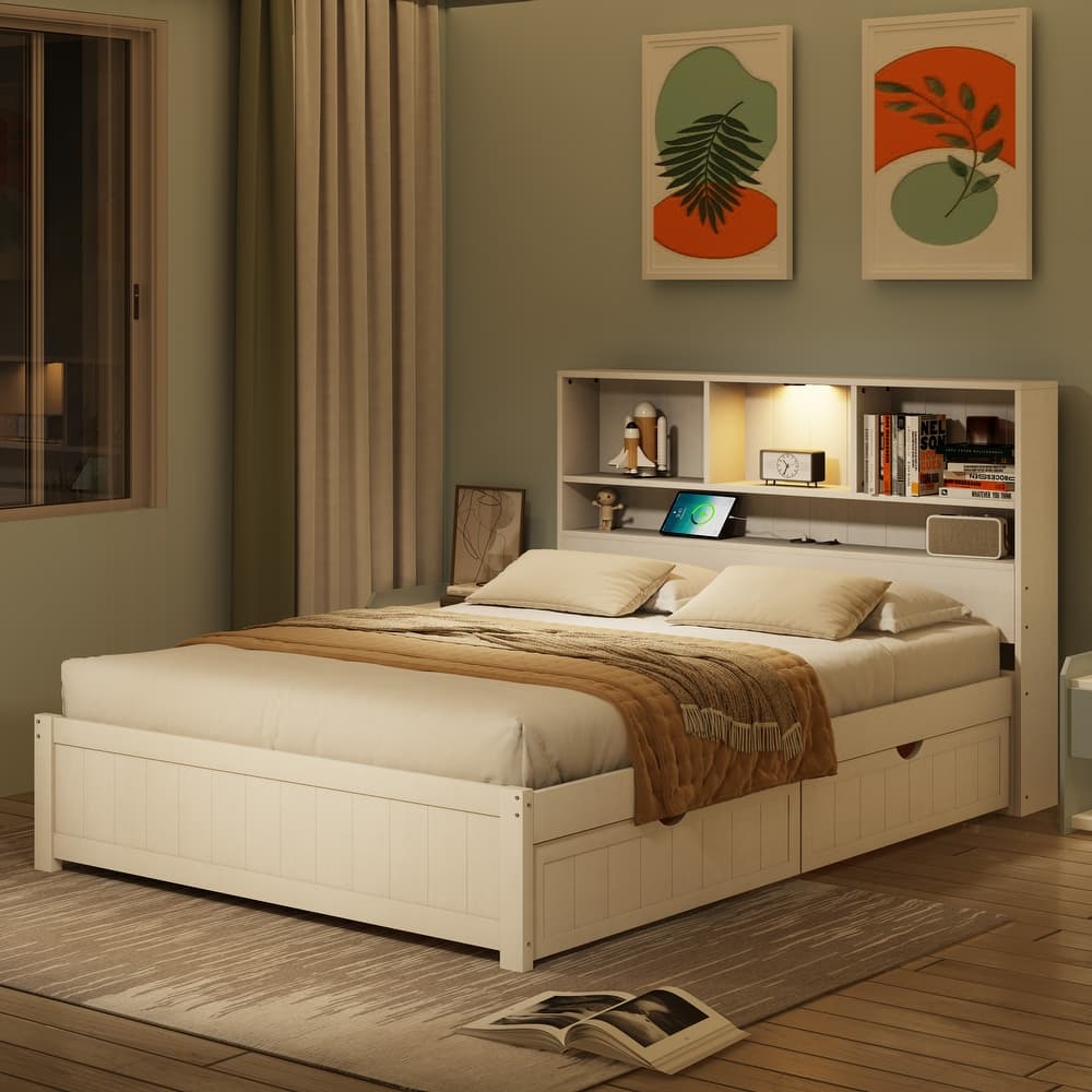 Storage Platform Bed with 2 Underbed Drawers, Wood Captains Bed with Bookcase Headboard Built-in Downlight Charging Station