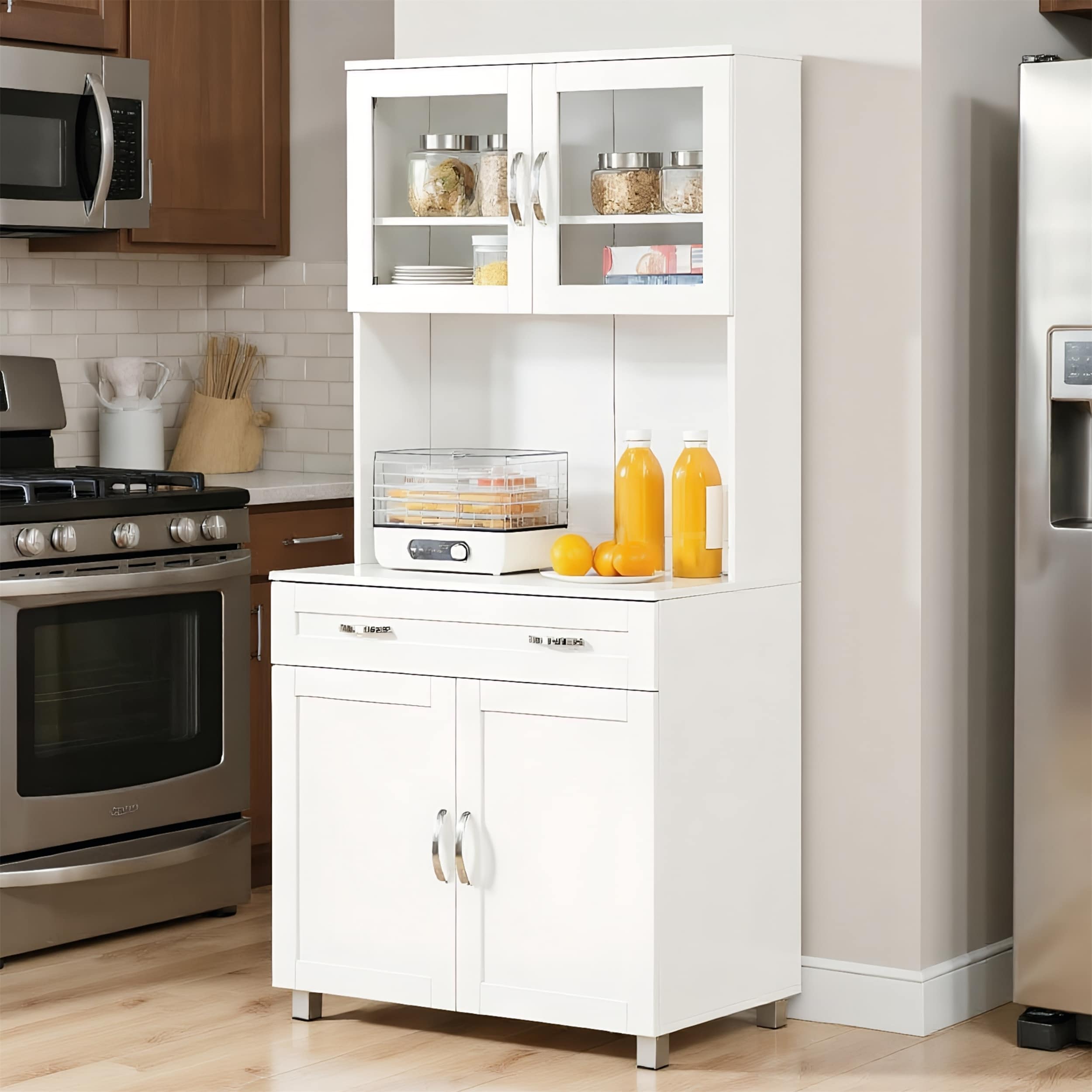 Modern Kitchen Storage Cabinet with Glass Doors and Adjustable Shelves
