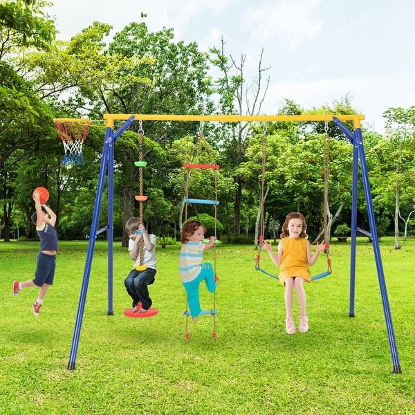 slide 2 of 8, 4-in-1 660 lbs Heavy Duty Swing Set for Kids Aged 3-9 Years Old-Yellow - 97" x 75" x 74" (L x W x H) Yellow-Blue