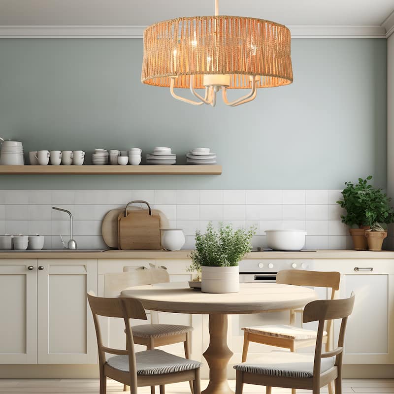 5 Light Chandelier iron frame in antique white finish,brown rattan - 9.45"H x 17.7"W x 17.7"D