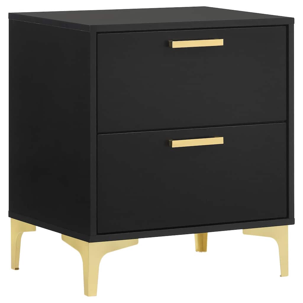 Black Modern Glam 2-Drawer Nightstand with Slim Gold Handles and Bracket Legs, Spacious Contemporary Storage