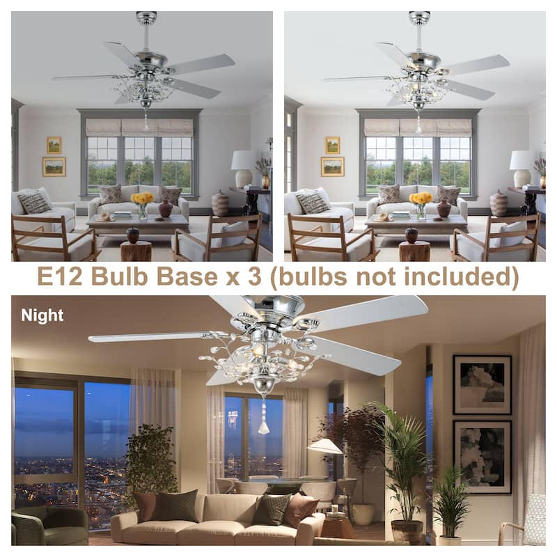 Bella Depot 52-inch Modern Crystal Ceiling Fan with Light Kit and Remote, 6-Speed Reversible Fandelier - 52"