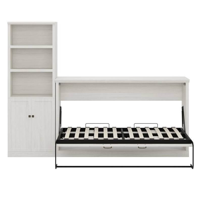 White Twin Size Murphy Bed Convertible Horizontal Cabinet Space Saving Platform Bed Folding into Hideaway Wall Bed, Bookcase Bed
