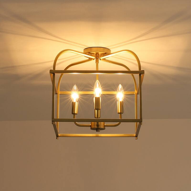 4-Light Iron Open Square Lantern Candle Semi Flush Mount 15in