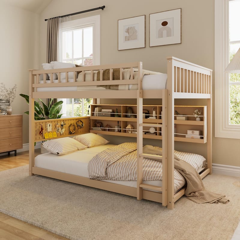 Full XL over Queen/Full over Full Bunk Bed with Integrated Shelving, Color-Changing Lights & Pegboard