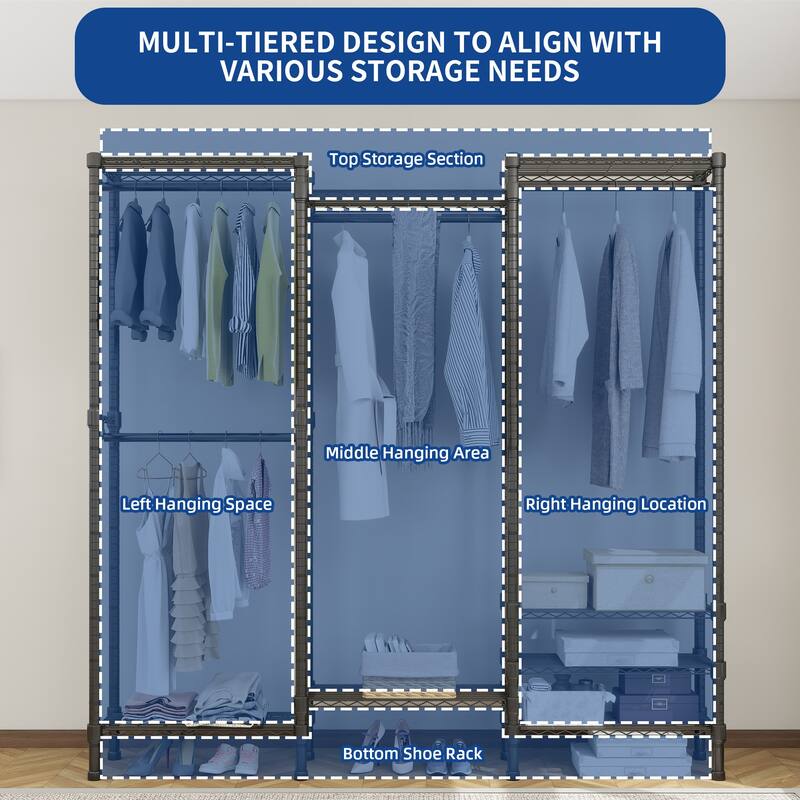 Moasis Heavy Duty Walk-in Closet Shelves System with 3 Hanging Rods And 8 Shelves