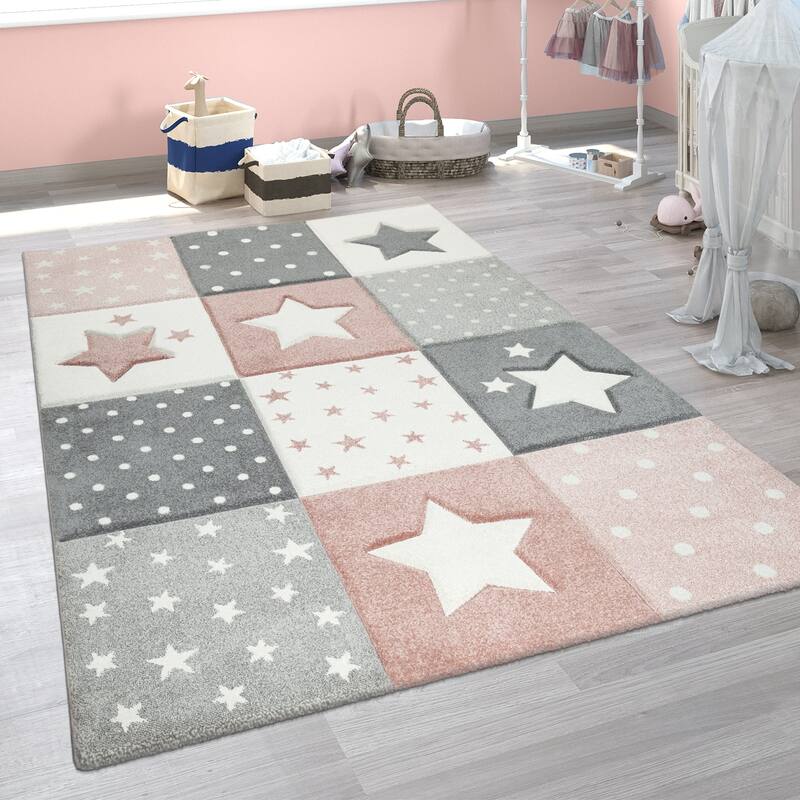 Kids Rug for Nursery Checkered with Stars in Pastel Colors - 3'11" x 5'7" - pink