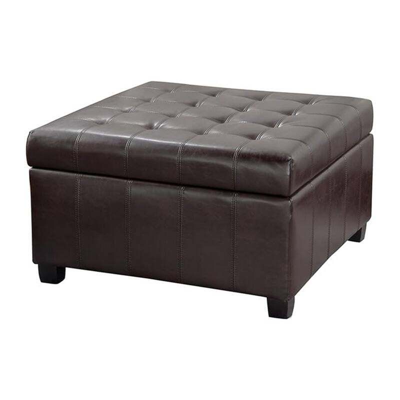Cindy Storage Ottoman, 31 Inch Birch Wood, Brown Waffle Faux Leather