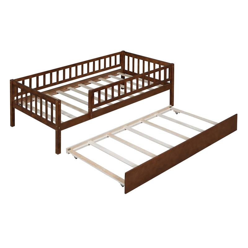 Twin Size Wood Daybed with Trundle and Safety Guardrails, Walnut Finish