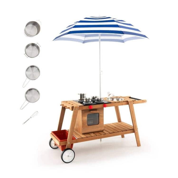 Brown-White-Navy Wooden Kids Play Cook Cart with Umbrella and Storage - 45" x 19" x 23"