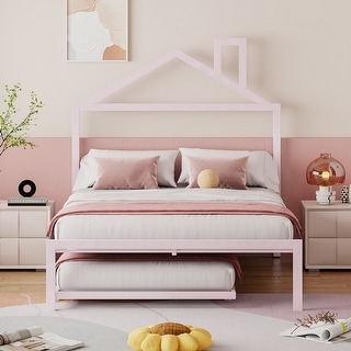 Full Size Metal Platform Bed,House-Shaped Headboard Design,twin size trundle,Pink