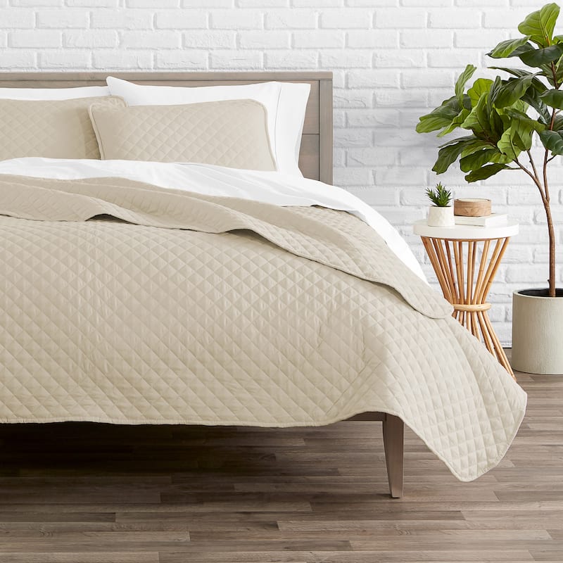 Bare Home Lightweight Coverlet Bedspread & Microfiber Sheet Set Bundle - Coverlet Set: Sand, Sheet Set: White - Full - Queen