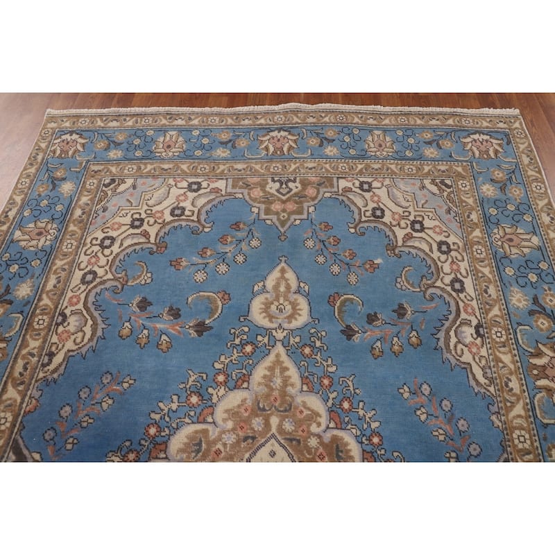 Traditional Blue Tabriz Persian Vintage Area Rug Handmade Wool Carpet - 6'4" x 9'8"