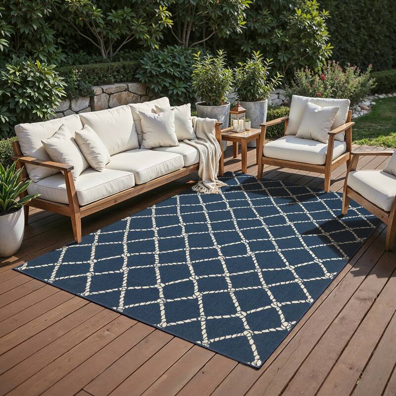 Miramar Nautical Rope Lattice Navy/ Ivory Indoor/Outdoor Area Rug-
