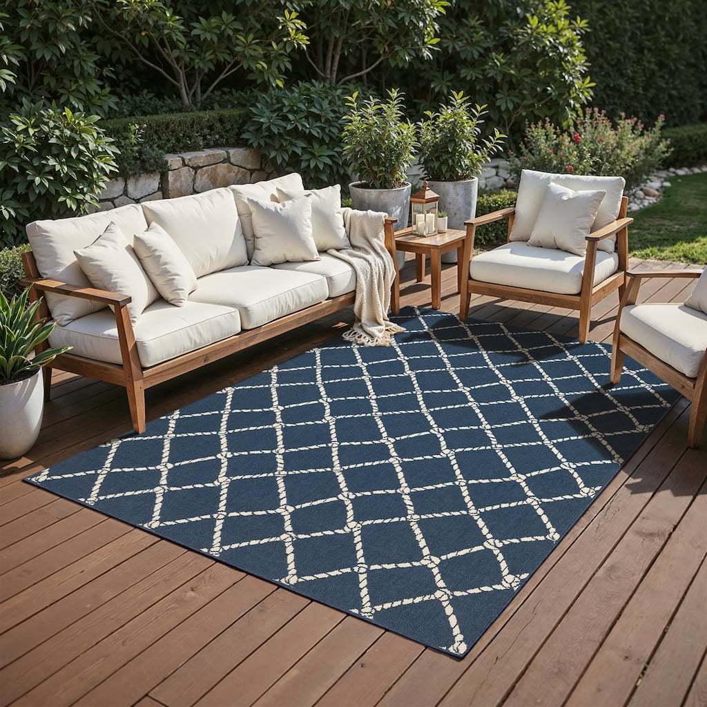 Miramar Nautical Rope Lattice Navy/ Ivory Indoor/Outdoor Area Rug-