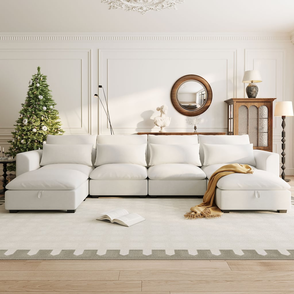 Modular U-Shaped Sectional Sofa with 2 Ottomans, Linen Blend Upholstered Couch, Corner 6 Seater Sofa with 4 Throw Pillows