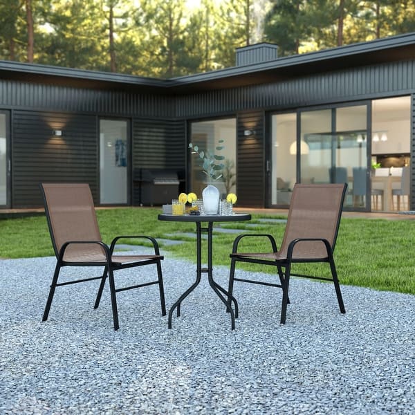 slide 2 of 23, 3 Piece Patio Dining Set - Glass Table, 2 Flex Stack Chairs Brown