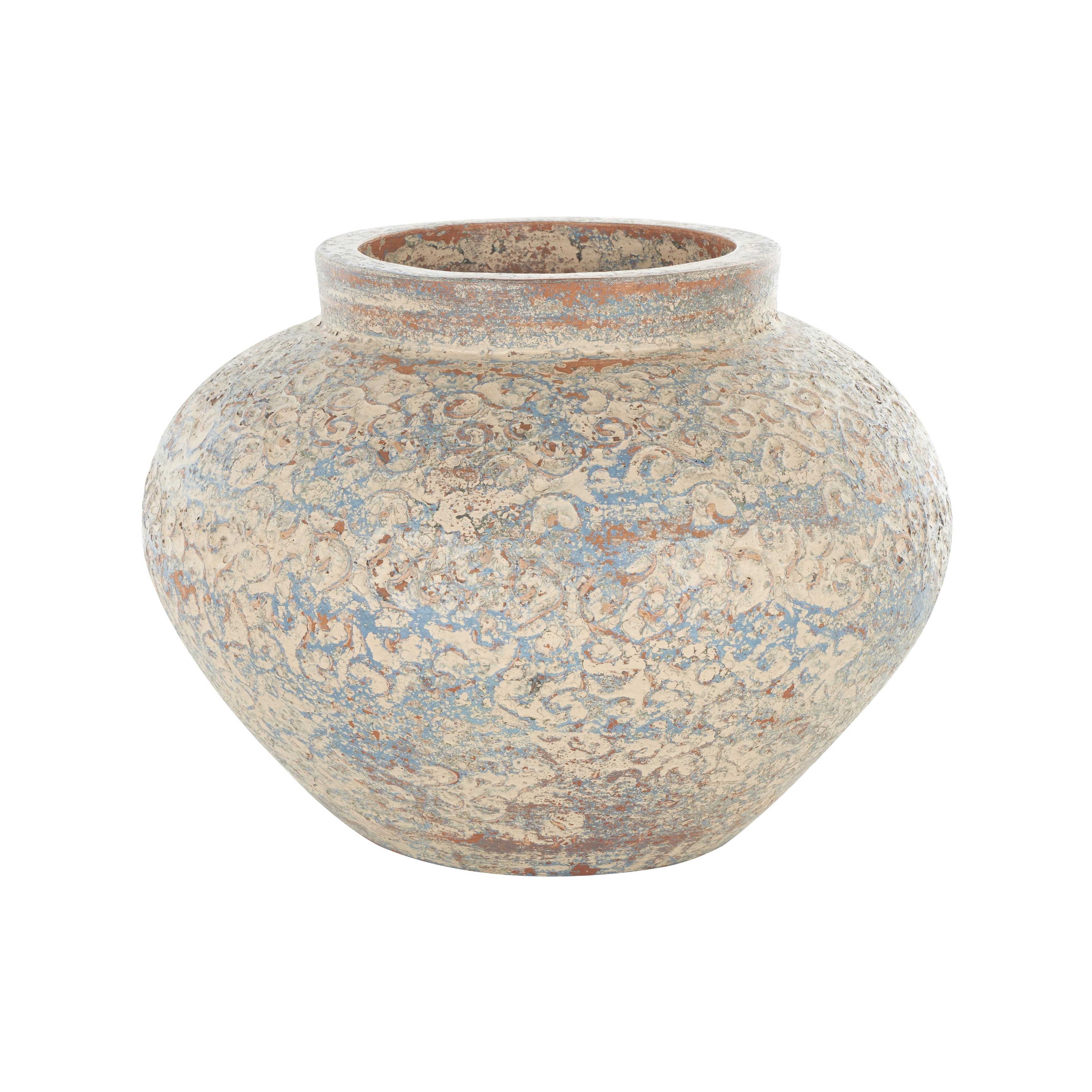 Ceramic Scroll Handmade Antique Style Wide Rounded Decorative Vase with Blue and Copper Accents - Beige - Roche River Decor
