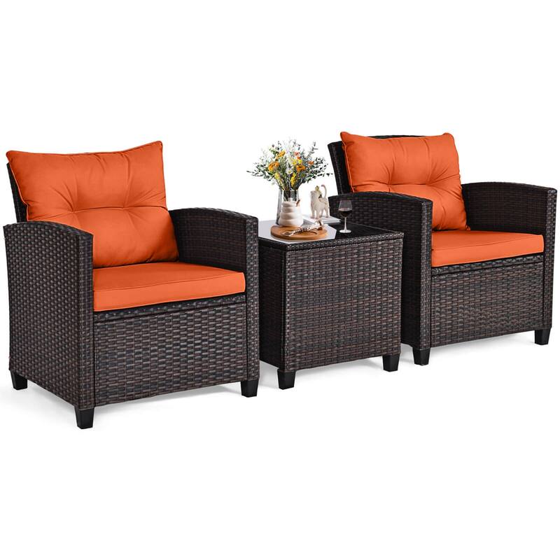 Gymax Set of 3 Rattan Furniture Set Patio Cushioned Conversation Set