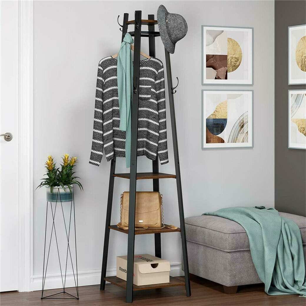 Industrial Coat Rack Enterway Clothes Stand with 2 Tier Storage  Shelves/Basket,Hall Trees with 8 Dual Hooks, Brown+Black
