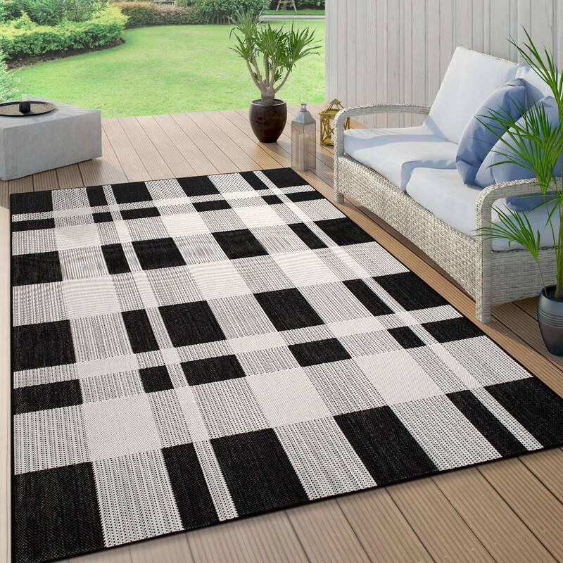 Contemporary Plaid Indoor/Outdoor Flatweave Waterproof Backyard Patio Area Rug
