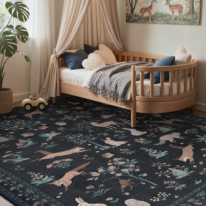 Mcow Woodland Friends Animal Print Low-Pile Machine-Washable Area Rug - Black - 8' x 10' - Rectangle